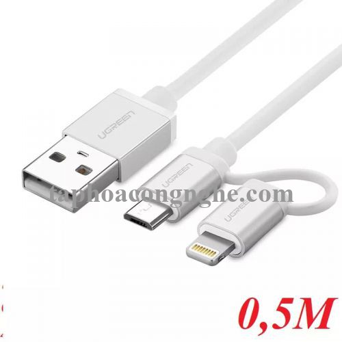 Ugreen 30668 0.5M màu Bạc Cáp sạc đa năng USB sang MicroUSB + Lightning US165 30030668